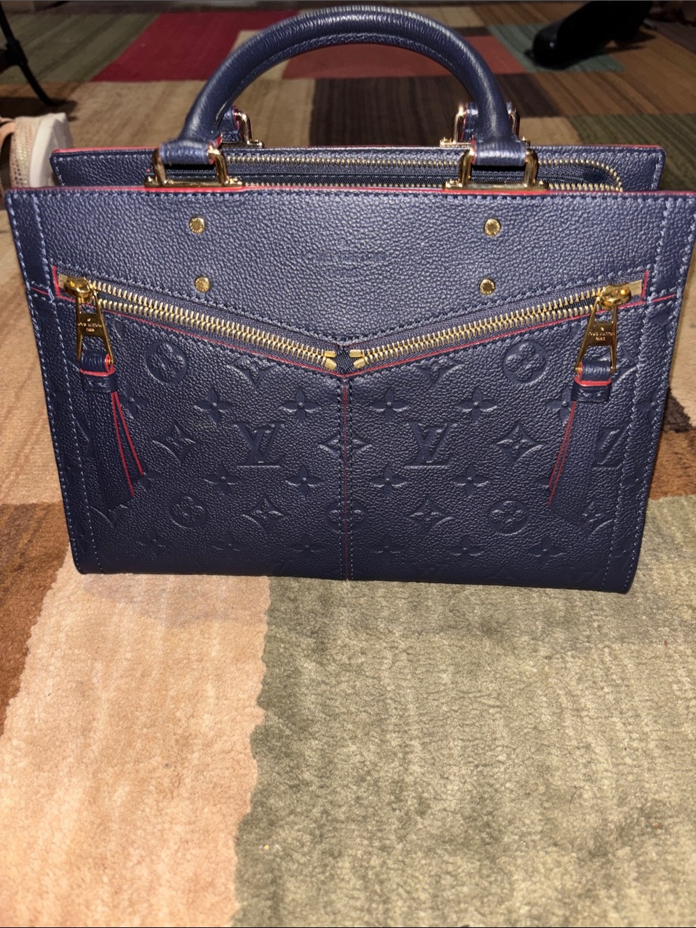 Louis Vuitton Sully NavyMono Empreinte Satchel with Red Trim & Gold Hardware